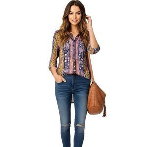 Nine West Jeans Womens Blouse Small Long Sleeve Boho Patchwork Hipster Eclectic